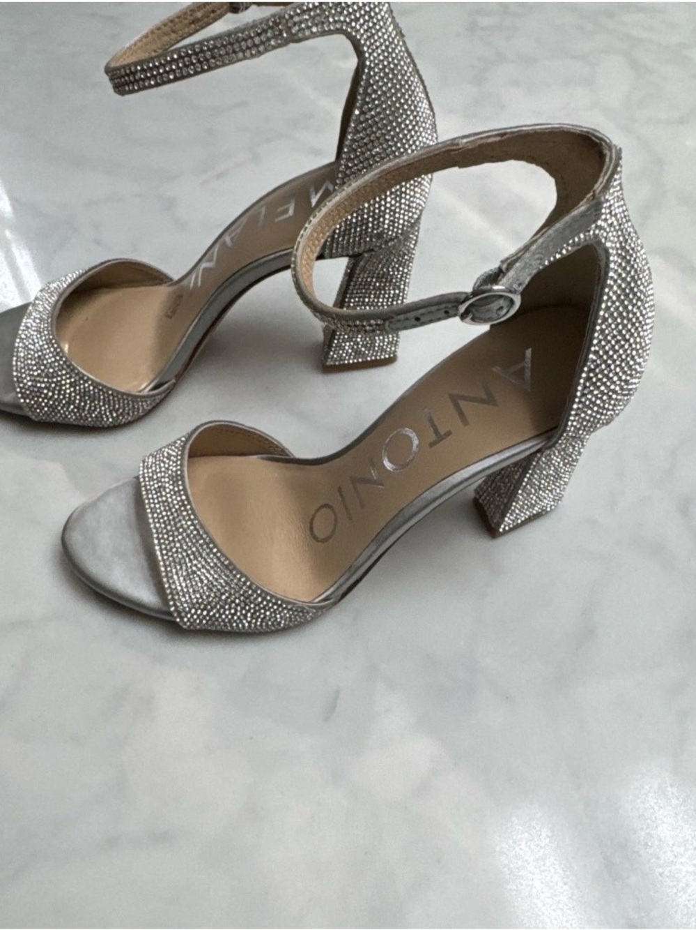 ANTONIO MELANI Silver Crystal Block Heel Sandals - Picture 2 of 4